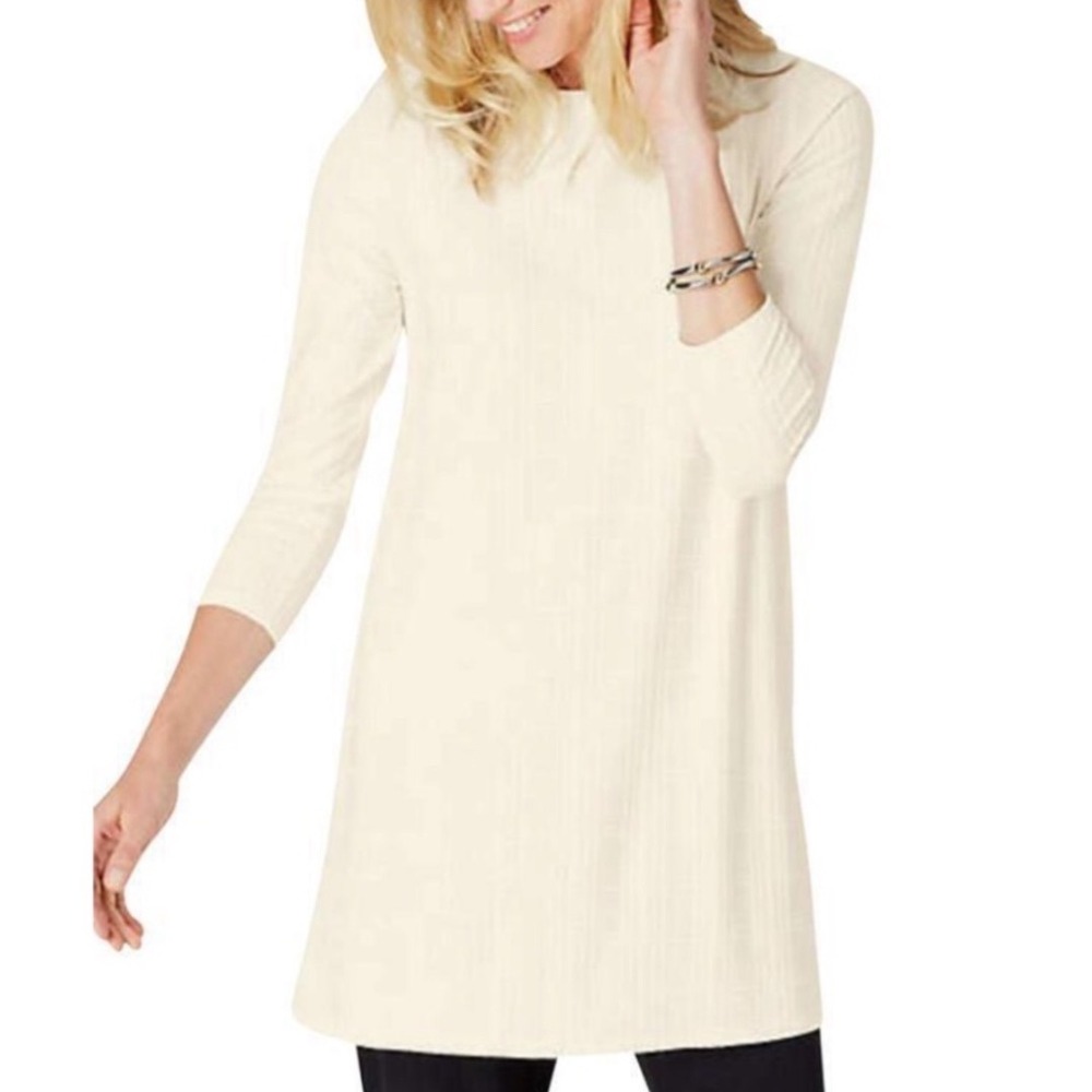 J. Jill Wearever Collection Cream Textured Plaid Stretch Tunic Top S‎